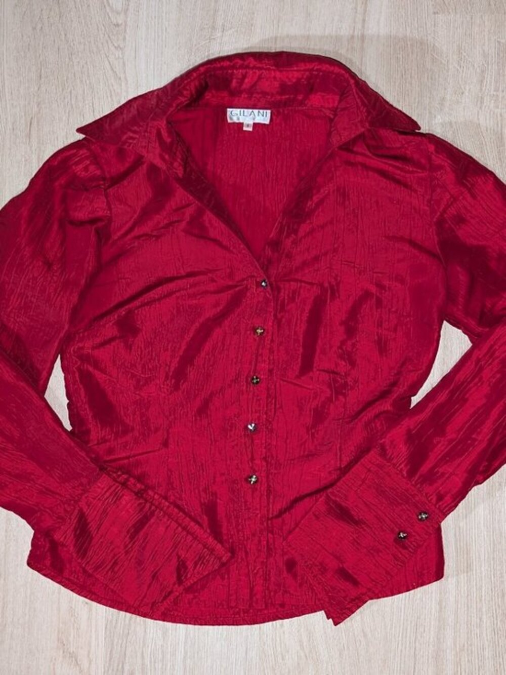 Vintage Y2K Gilani Crimson Red Button Up Blouse Ruched Long Sleeve Size 6